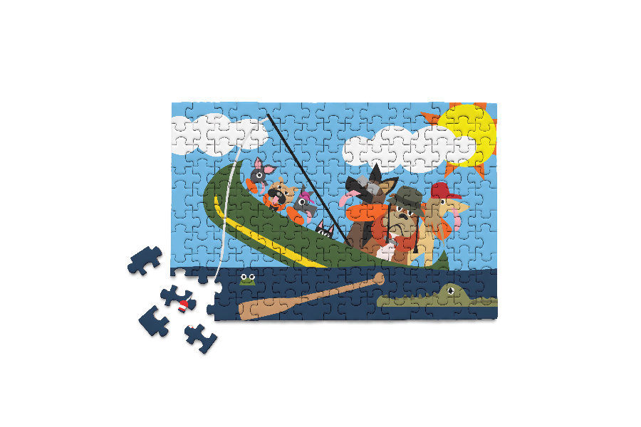 Dogs in Canoe funny jigsaw puzzle fishing for adventurer